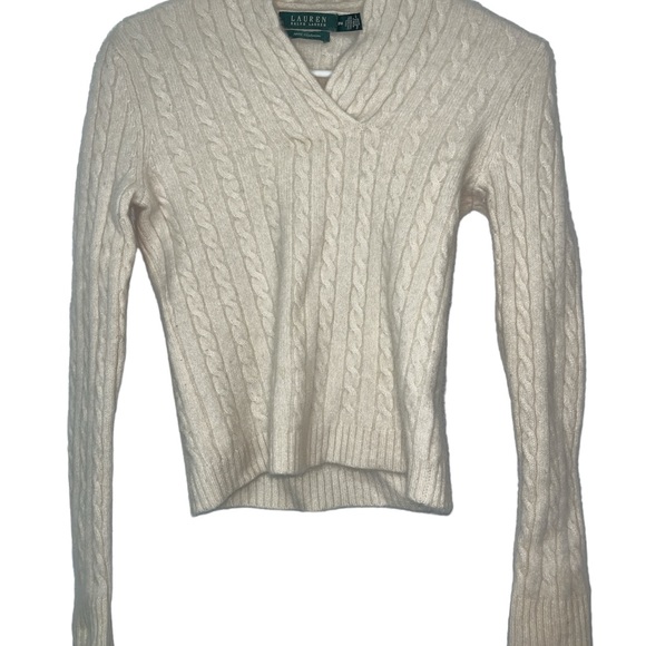 Lauren Ralph Lauren White 💯 Cashmere Cable Knit Sweater P/M - Picture 3 of 12